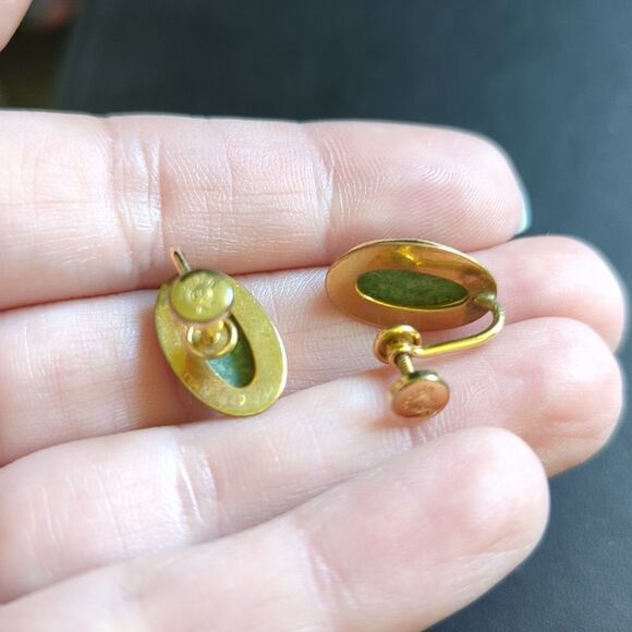 12K Gold Plated Jade Screw Earrings - Picture 4 of 5